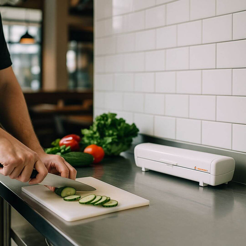 Wrapmaster 3000 Compact dispenser på køkkenbord i brug med folie
