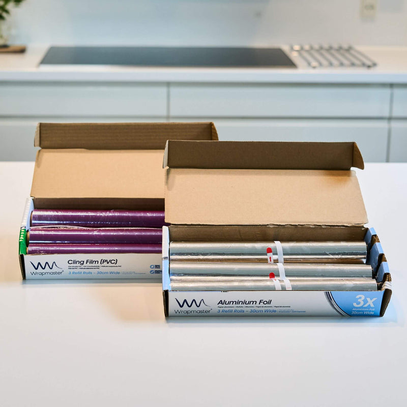 Wrapmaster refills – husholdningsfilm og stanniol i praktiske ruller til dispensere. Ideelt til madpakker, råvarer og professionel brug.