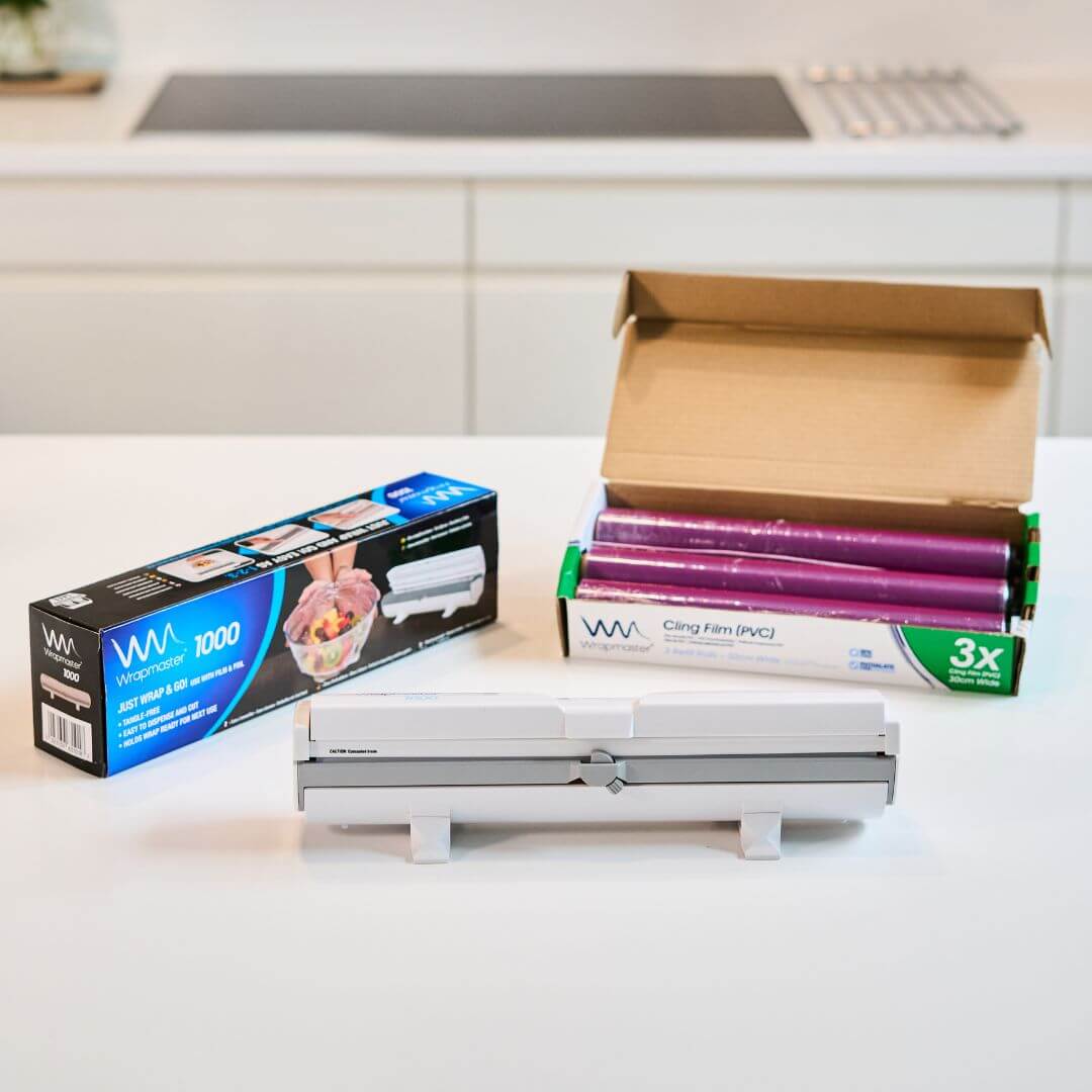 Wrapmaster 1000 startpakke med dispenser og refills – komplet løsning til husholdningsfilm, stanniol og bagepapir med hurtig levering.